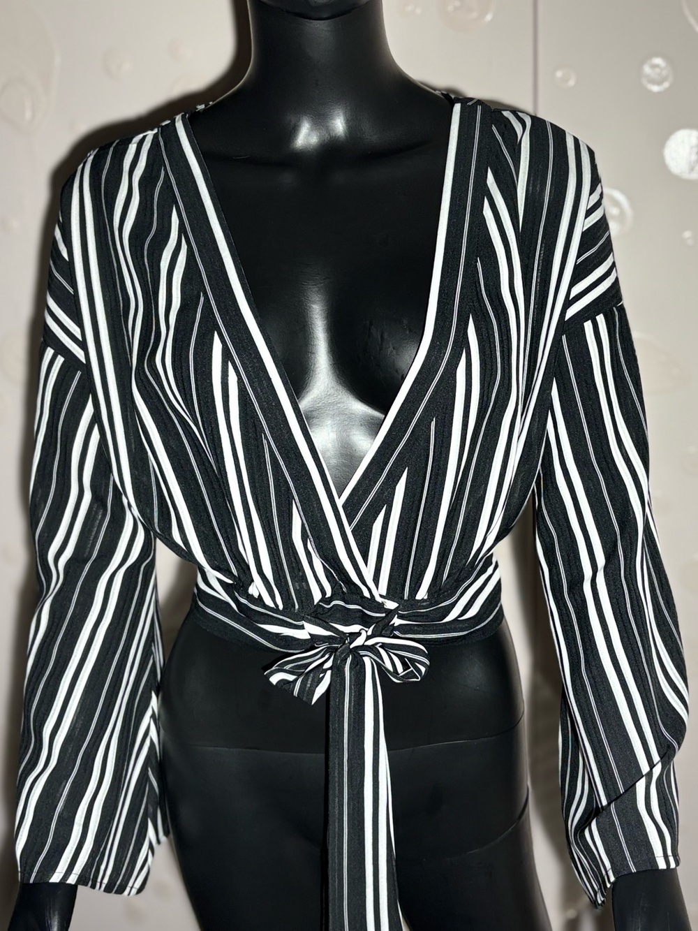 Fanco Striped Plunging V-Neck Wrap Crop Top - Black & White